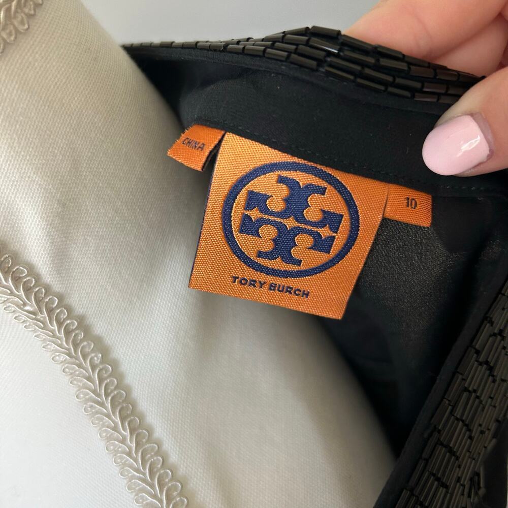 Tory Burch 100% Silk Black Shawl Luxury Blouse Beaded Lightweight Size 10 - Picture 4 of 7
